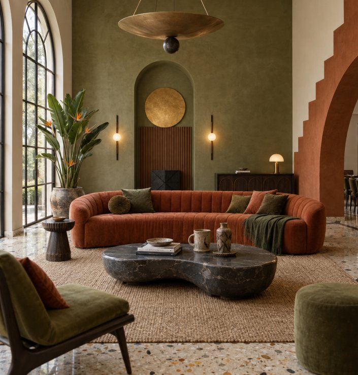 Chambre afro-chic, tête de lit sculptée et suspension cuivrée