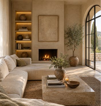 Chambre minimaliste, lit bas en bois et grand disque de pierre au mur